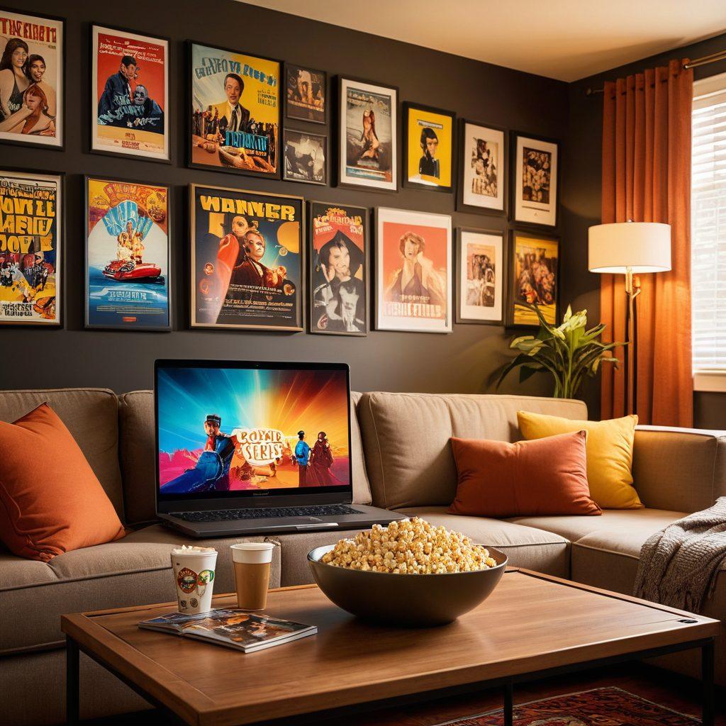 A cozy living room setting with a comfortable couch, popcorn on the table, and a large screen displaying vibrant movie posters. The room is dimly lit with soft colored lights, creating an inviting atmosphere for a movie night. Include various movie-themed decorations and a streaming device remote next to a laptop, suggesting online viewing. The overall vibe should radiate warmth and excitement about discovering entertainment without cost. super-realistic. vibrant colors. cozy ambiance.