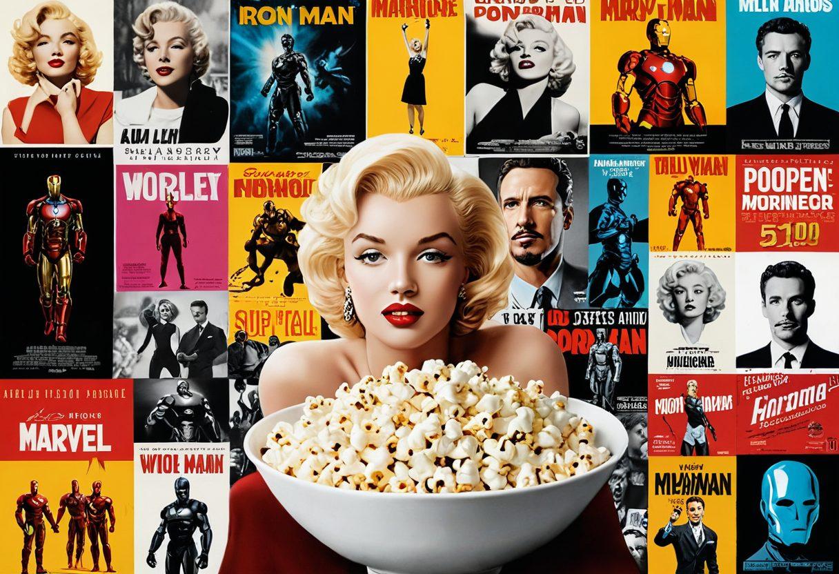 A vibrant collage of classic and modern movie posters blending into one another, featuring iconic characters from both eras. The background showcases a digital screen displaying a variety of platforms, symbolizing online streaming. Add subtle elements like a popcorn bowl and a vintage film reel to enhance the movie theme. Showcase a lively atmosphere with bright colors and engaging details. super-realistic. vibrant colors. dynamic composition.