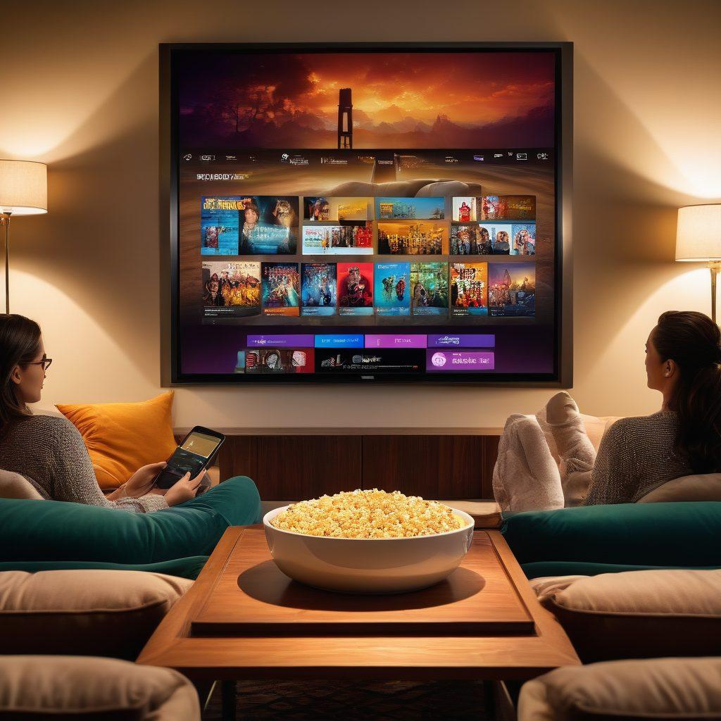 A cozy living room scene with a large flat-screen TV displaying popular movie streaming platforms, a bowl of popcorn on a coffee table, and dimmed lights creating a cinematic atmosphere. Include a diverse group of friends lounging together, each holding a device, showcasing the concept of streaming. The background should have movie posters and an inviting ambiance. super-realistic. vibrant colors. cozy atmosphere.